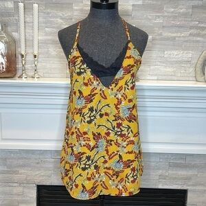 DayTrip Yellow Floral Print Tank Top Size S Peekaboo Lace Cut Out V-Cut